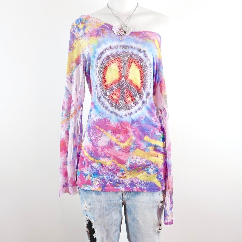 y2k off the shoulder long sleeve peace sign rhinestone top